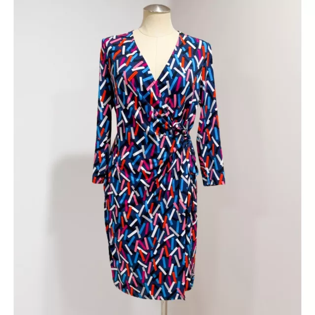 ANNE KLEIN Women's Blue Multicolor Printed 3/4 Sleeve Faux Wrap Dress Size 12