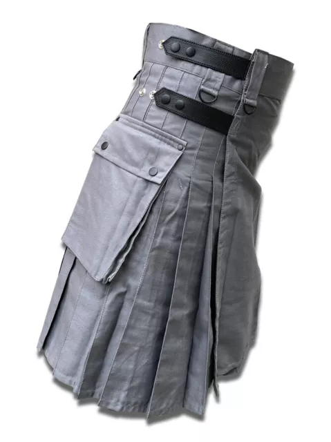 Men's Grey Cotton, Leather Straps, Fashion Sport Utility Kilt, Adjustable Sizes