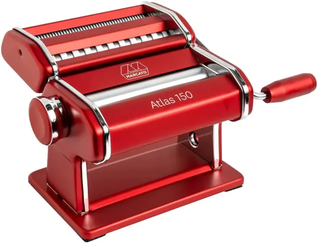 MARCATO Atlas 150 Machine, Made in Italy, Red, Includes Pasta Cutter, Hand Crank