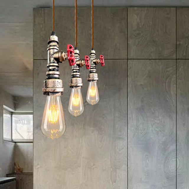 Retro Steampunk Pipe Pendant Light Industrial Iron Ceiling Light with Red Valve