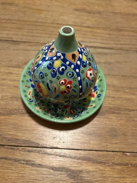 Hand Painted  Zuhre Zini Small Turkish Vase And Dish Raised Enamel Green VGC