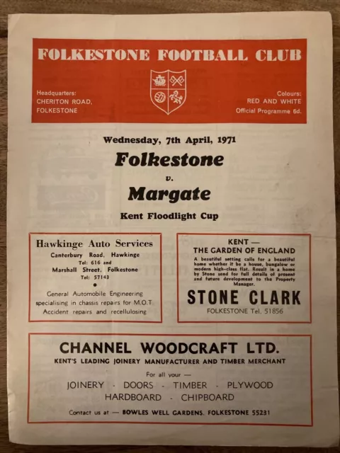 Rare FOLKESTONE v MARGATE 1971 Kent Floodlight Cup Non League Football Programme