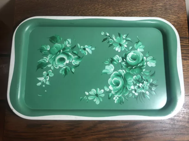 "Pintura de tole ROSA de colección verde/blanco arte popular 8,75""x 14,25"