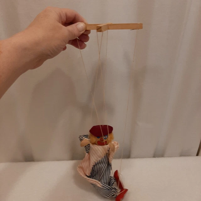 Vintage Hand Crafted Clown Wooden String Puppet Marionette Toy Creepy READ