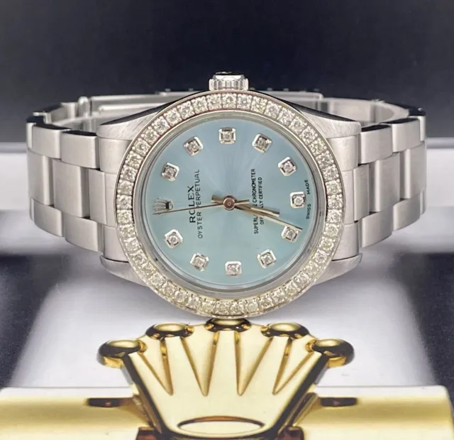 Rolex Oyster Perpetual 31mm Midsize 2ct Diamonds ICE Blue Steel Watch Ref 77080