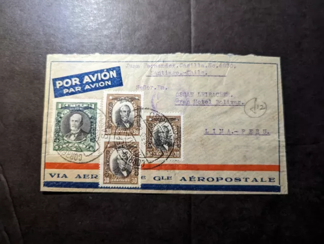 1930 Chile Airmail Overprint Cover Santiago to Lima Peru
