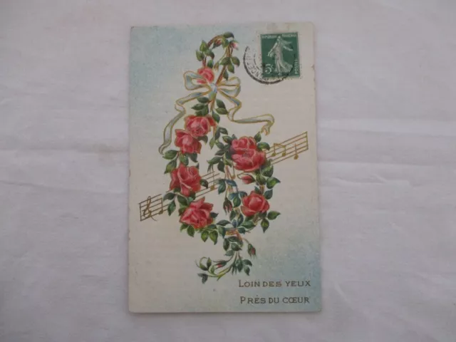Cpa Fantaisie Gaufrée Loin Des Yeux Pres Du Coeur Fleurs Notes De Musique