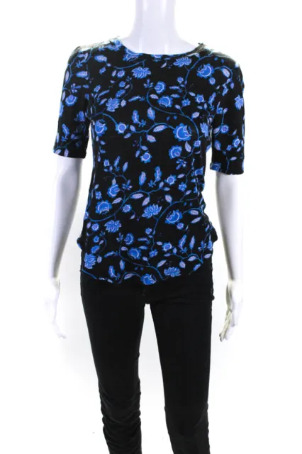 Rebecca Taylor Womens Linen Floral Short Sleeve Basic Tee T-Shirt Black Size XS