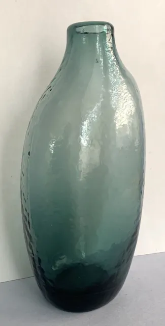 Assymetrical Blue Art Glass Bottle Vase: Mold Blown. Hammered Texture. Slumped b