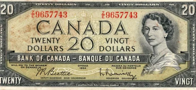 1954 Beattie-Rasminsky - Prefix Z/E - Bank of Canada $20 Bank Note