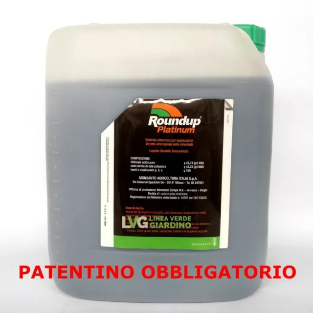 ROUNDUP PLATINUM Diserbante Totale Glifosate 15 L PATENTINO FITOSANITARIO