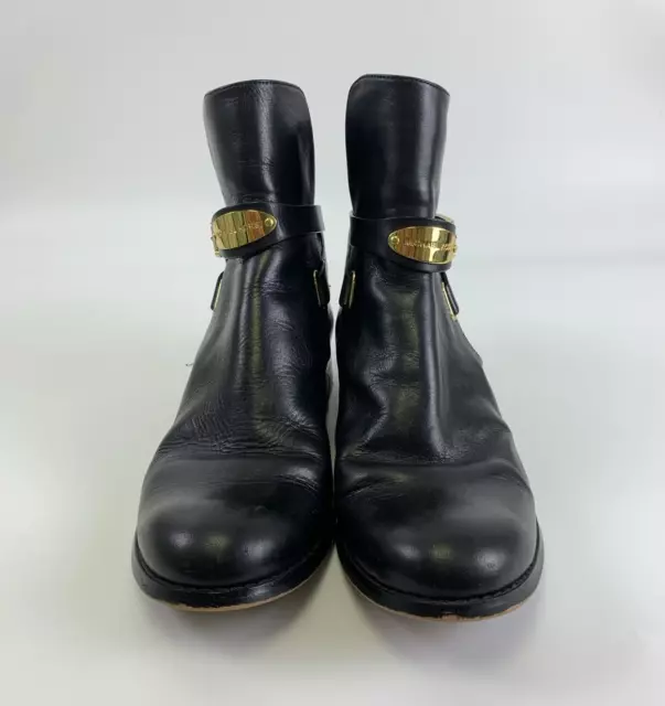 Michael Kors Arley Ankle Boot Black Leather MK Gold Plate Buckle Pull On Women 8 3