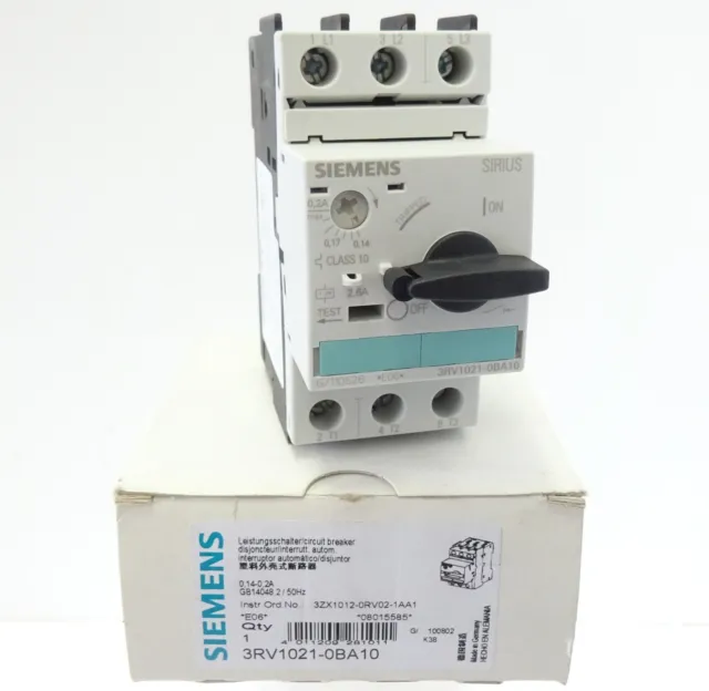 Siemens Sirius 3RV1021-0BA10 Leistungsschalter Circuit Breaker 0,14...0,2A E:06