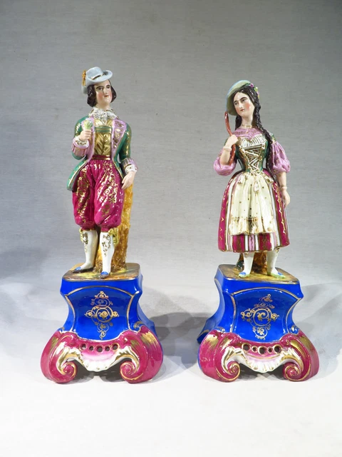 Ancienne Paire De Grands Personnages En Porcelaine Paris Pique Fleurs Epoque Xix