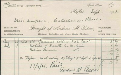 Grieve Academy Rd Moffat 1916 Printer &Stationer Paid Receipt Rf 40066 Andrew M 