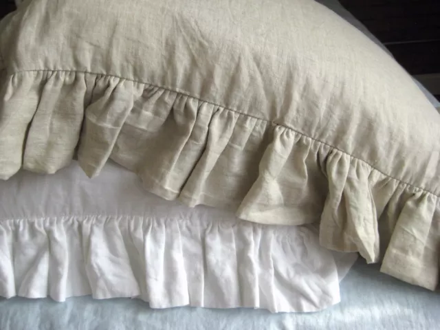 1 Pair of White 100% Pure French Linen Euro Sham Cover with Ruffled Edges