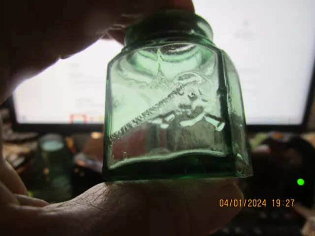 Antique Sample Size SKULL & CROSSBONES  Teal Blue Poison Bottle 2 " High  +/-