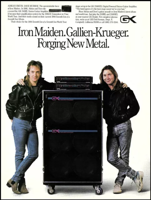1988 Gallien-Krueger GK amps ad featuring Iron Maiden Adrian Smith Dave Murray