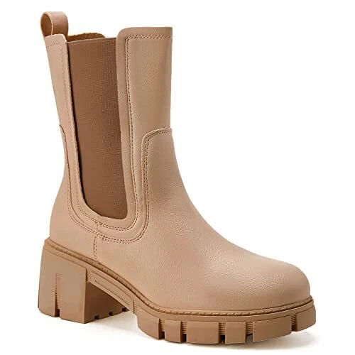 TINSTREE Mid Calf Boots for Women BrownWomen's Chunky Heel Non Slip Rubber So...