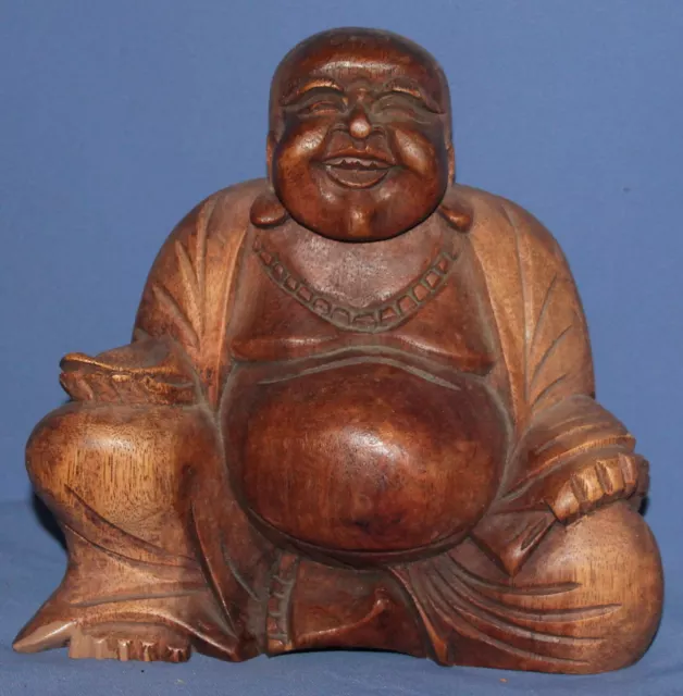 Vintage hand carved wood laughing Buddha Budai statuette