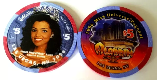 $5 Las Vegas Aladdin Miss Universe 1996 Casino Chip - Uncirculated