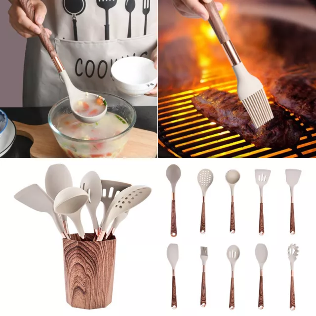 Silicone Kitchen Utensils Set Non-stick Kitchenware Wooden Cooking Spoon Tools