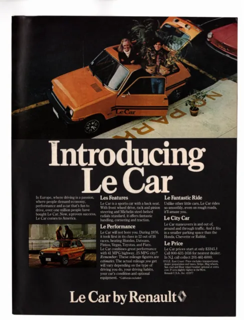1977 Renault Le Car Orange Vintage Print Ad "Introducing Le Car" 1970s