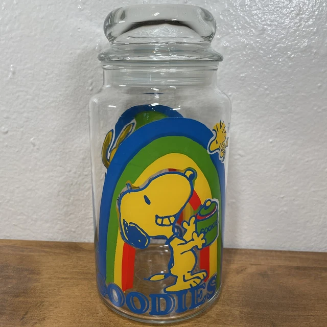 VINTAGE PEANUTS SNOOPY WOODSTOCK RAINBOW GOODIES JAR W/Lid Glass Candy