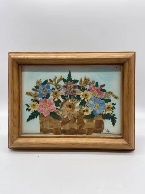 Vintage Dried Flowers In Basket  Art Work Collage Framed Marie Hegewald 9x6