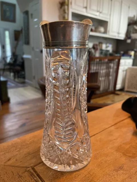antique crystal cut  pitcher with sterling silver top 2