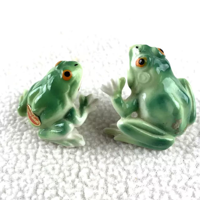 Vintage Miniature Frog Figurines Bone China Japan Green Porcelain Pair