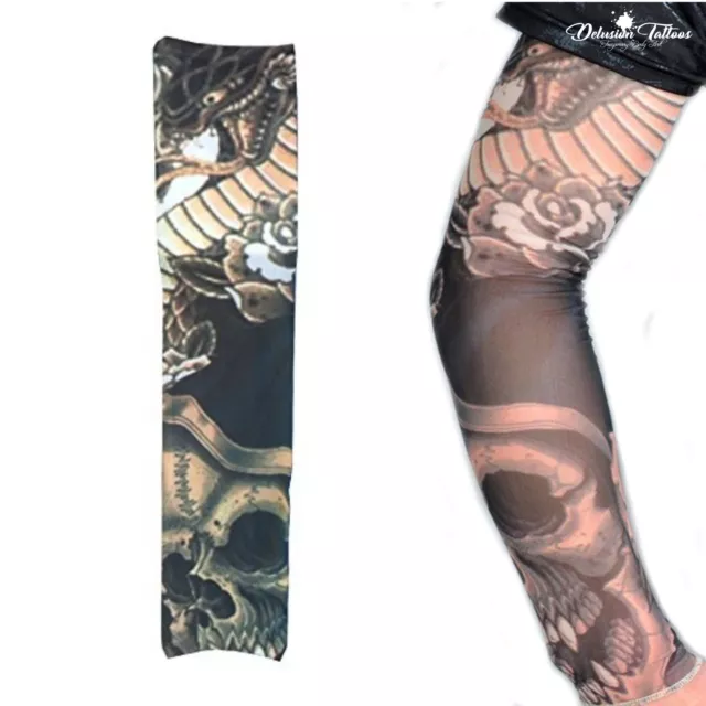 Fake Temporary Tattoo Sleeve Nylon Arm Stocking Skull Snake Mens Womens Kids