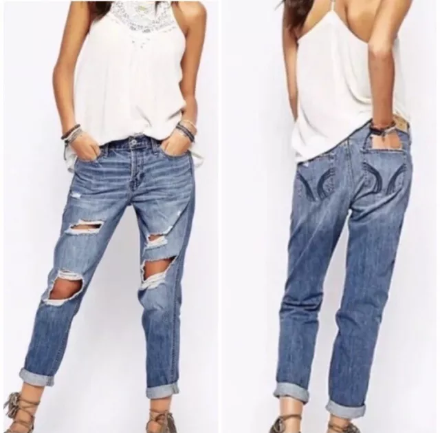 Hollister Boyfriend Jeans, Distressed Destroyed Relaxed Denim Crop Mid Rise 7/28