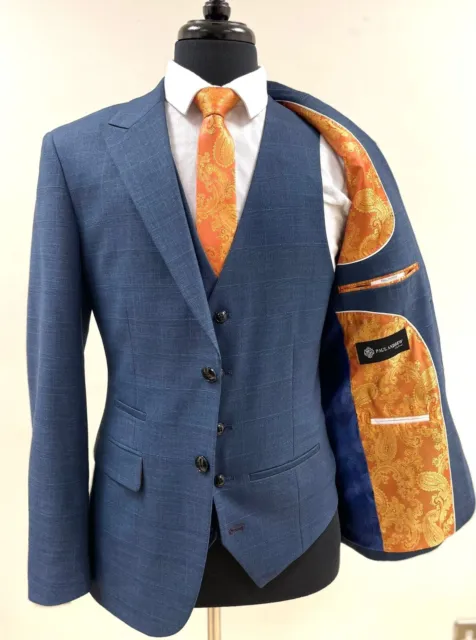 Mens Quality Blue Check Wedding Lined Tailored Fit 3 Piece Suit By Paul Andrew