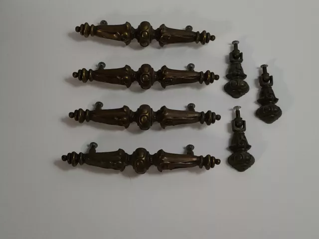 VTG Brass 4 Ornate Drawer Cabinet Door Wardrobe Pull Handle & 3 Brass Drop Pulls