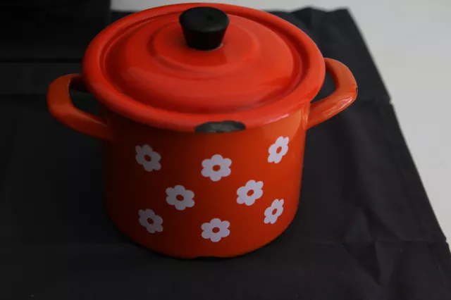   Tôle émaillée Vintage Casserole ancienne rouge fleurs