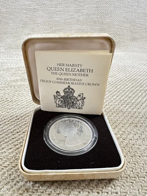 1980 Silver Proof Crown Queen Elizabeth Queen Mother 80th Birthday Coin COA Box