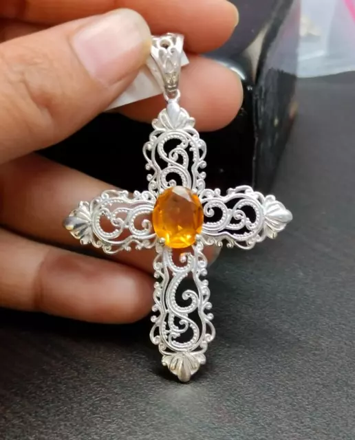 Colgante de cruz de citrino natural con piedras preciosas, joyería de plata...