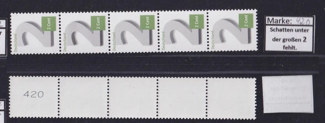 Bund 3042 2-Cent 5er Streifen gerade Nr Schatten unter der großen 2 fehlt **/420