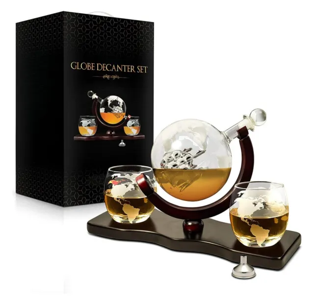 Whiskey Decanter Set World Etched Globe Decanter Antique Ship Glasses,850 ml