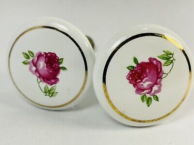 Vintage Japan White Porcelain Drawer Knobs Pulls Pink Tea Rose Gold Trim Set 2