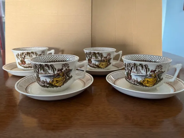 Vintage Wm Adams & Sons English Real Ironstone Antoinette Set of 4 Cups/Saucers