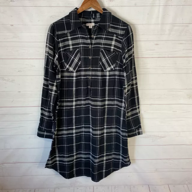 Merona Womens Long Sleeve Flannel Shirt Dress M Black Plaid 1/2 Button *no belt*