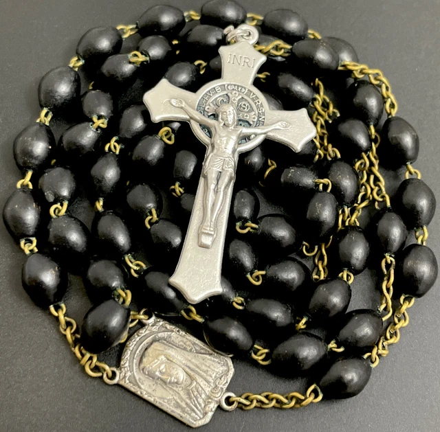 Rosario católico de madera de cacao negro vintage, crucifijo plateado de San Benito, Italia
