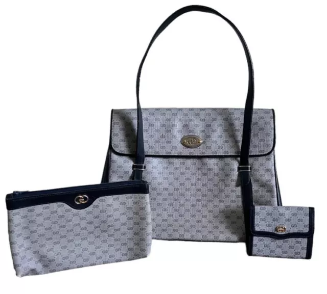 Authentic Gucci 3pc Set Vintage Navy Blue Micro GG Handbag Purse Pouch Wallet