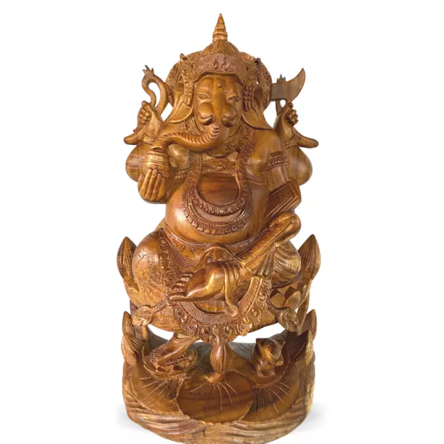 Ganesha Padma Base Statue Sculpture Hand Carved Wood Carving Balinese Art 18"