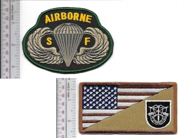 Green Beret US Army 5th Special Forces Group ABN & SF Parachute Wings Vel Hooks