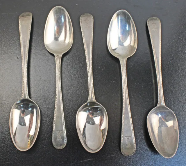 5 Hester Bateman Georgian 1782 Sterling Feather Edge Crested Spoons