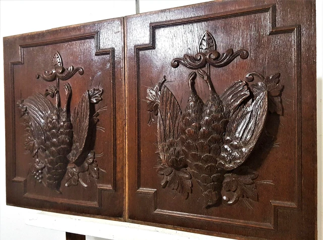 2 Hunting trophy decorative carving panel - Antique french architectural salvage