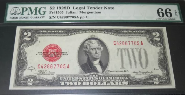 $2 1928D Legal Tender Note. CA Block. PMG 66 EPQ. Premium Quality
